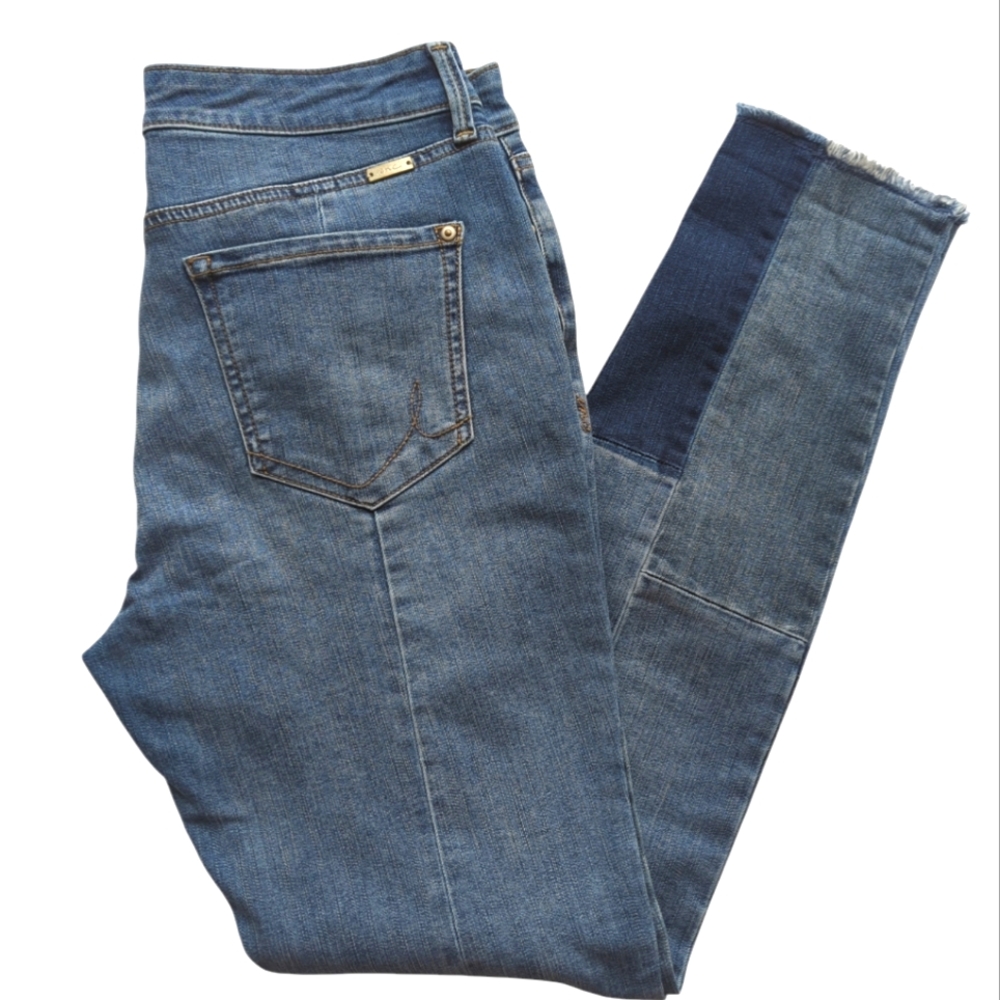 INC Patchwork Regular Fit Skinny Leg Raw Hem Distressed Denim Jeans 8 Blue - Picture 13 of 16